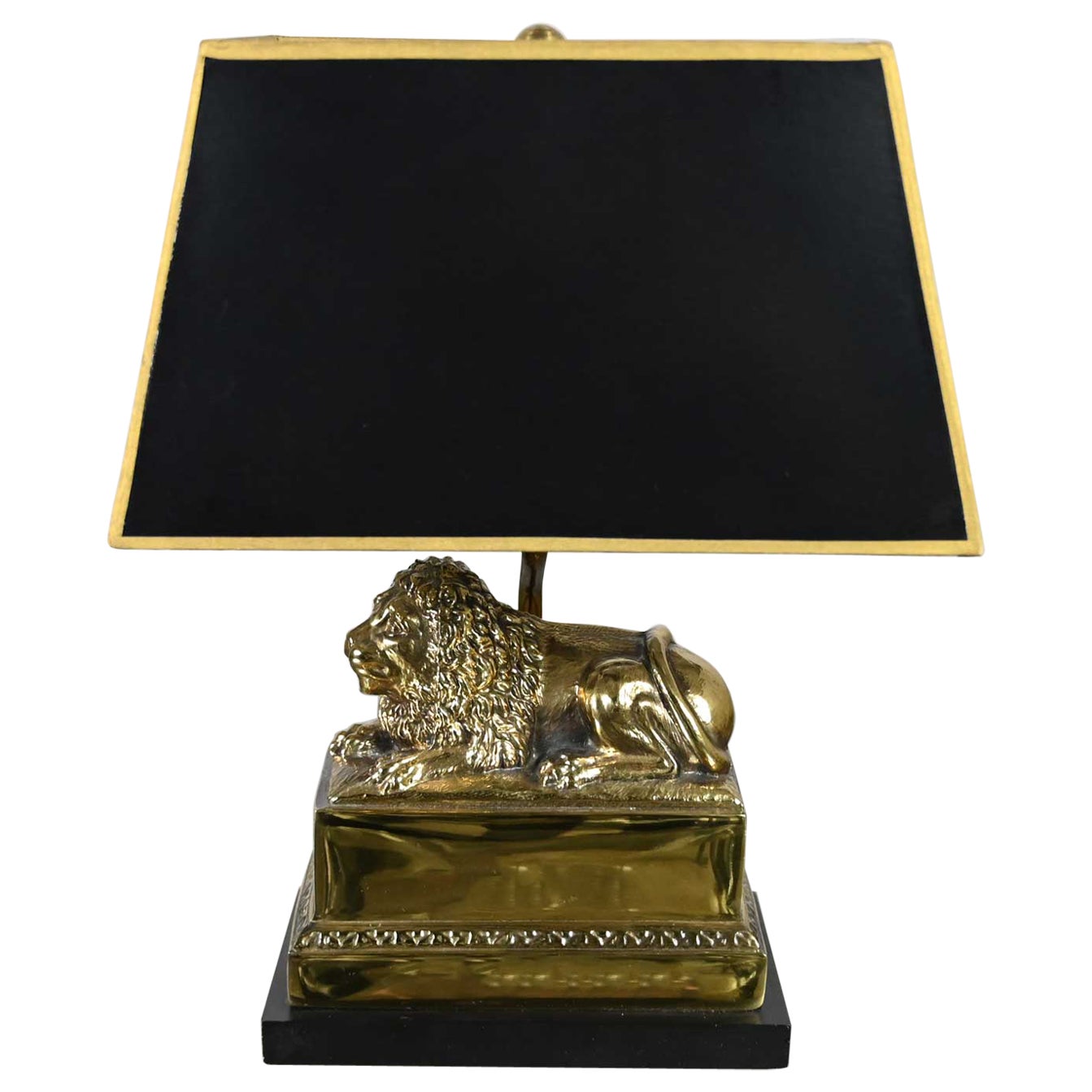 Vintage Neoclassic Brass Lion Low Desk Lamp Rectangular Black Shade For Sale