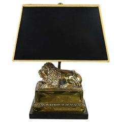 Vintage Neoclassic Brass Lion Low Desk Lamp Rectangular Black Shade