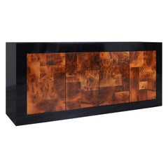 Midcentury Burl Wood and Black Lacquered Credenza by Directional