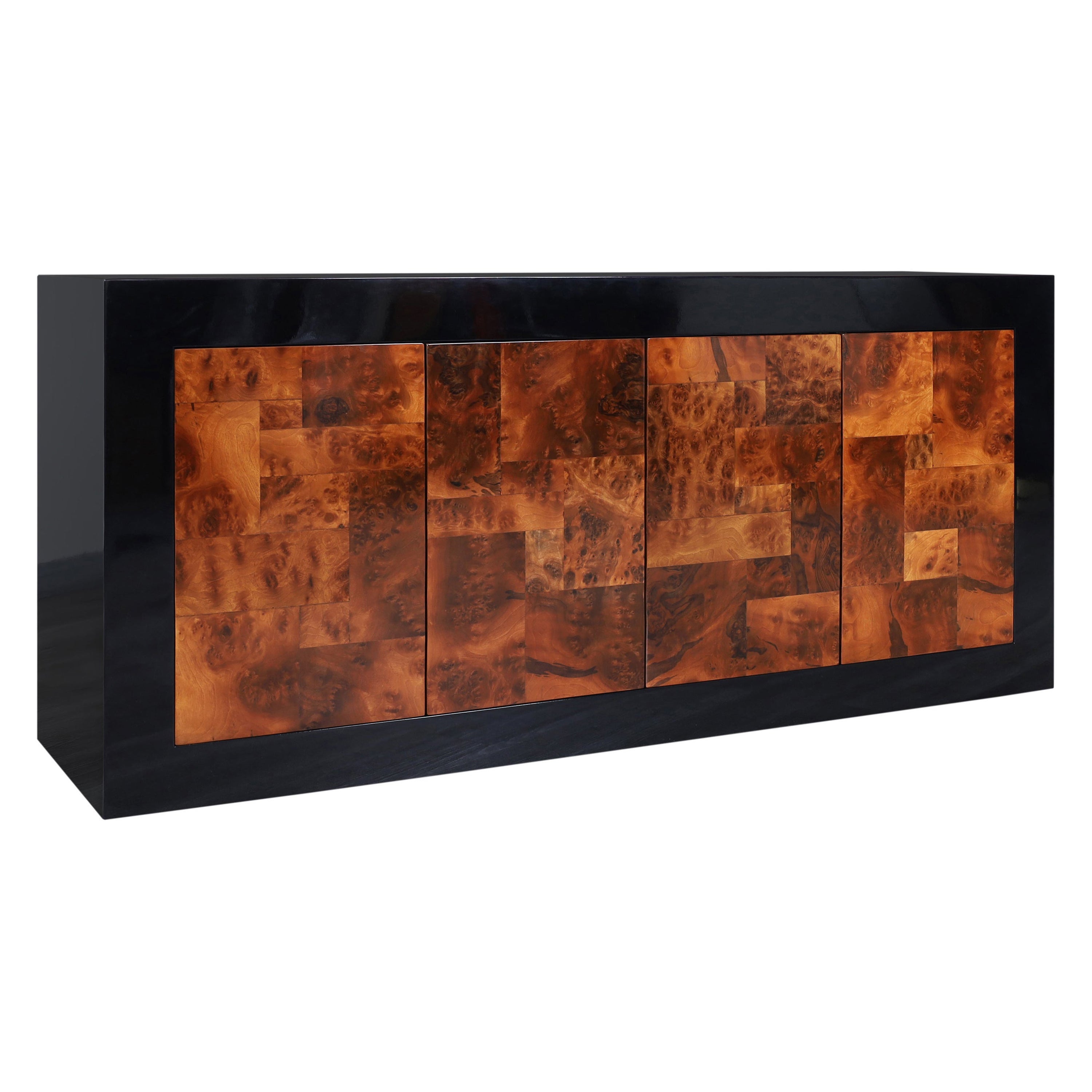 Midcentury Burl Wood and Black Lacquered Credenza by Directional For Sale