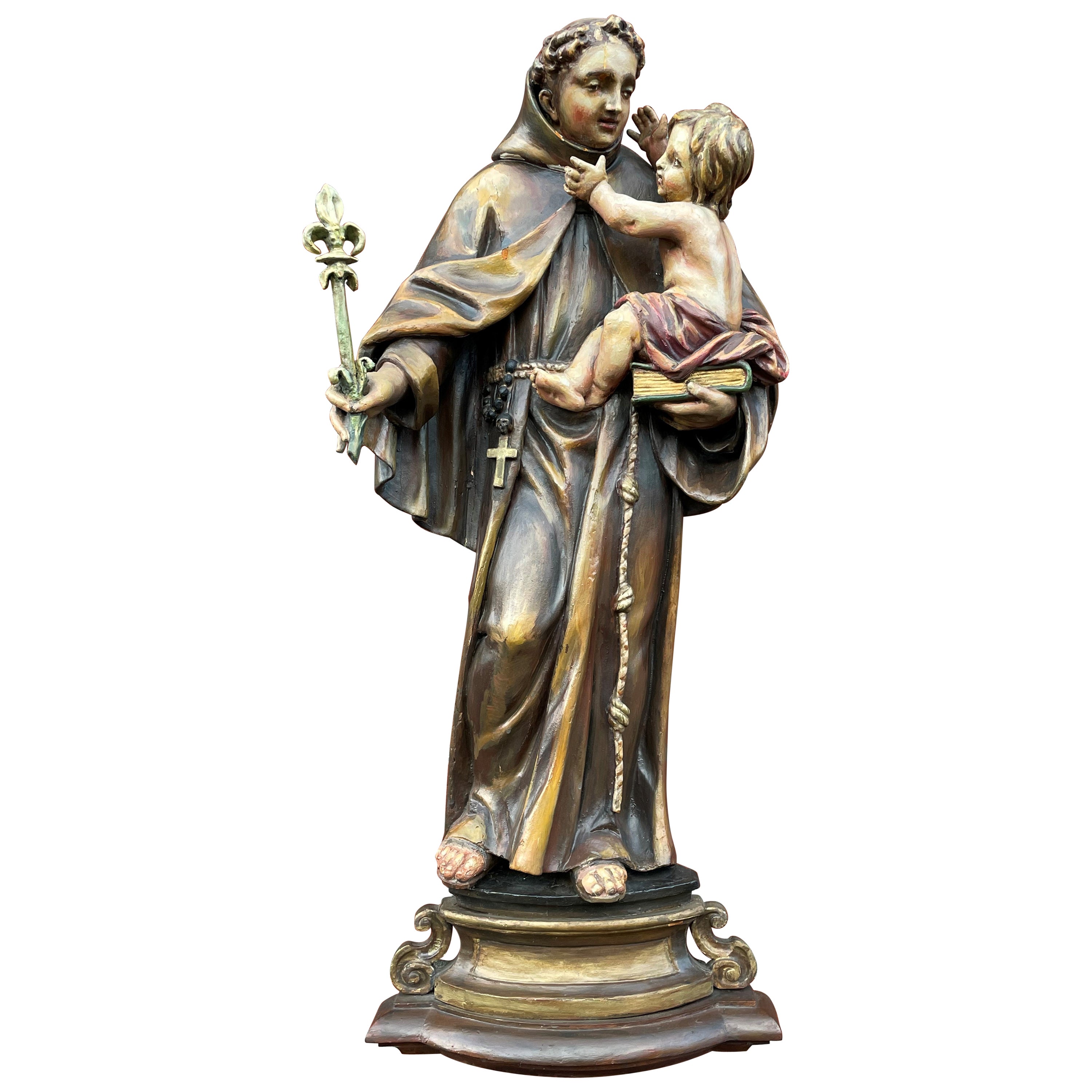 17th century Baroque Hand Carved Saint Anthony Sculpture w. Child & Lily Flower For Sale