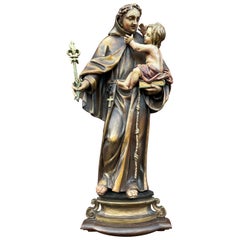17th century Baroque Hand Carved Saint Anthony Sculpture w. Child & Lily Flower