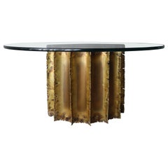 Brutalist Torch Cut Brass and Glass Drum Coffee Table