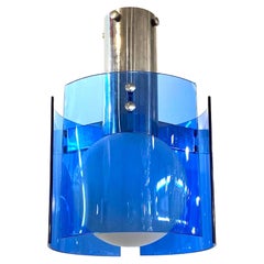 Veca Italian 1970s Chrome & Blue Glass Panel Pendant Light