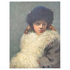 Peinture à l'huile ancienne sur toile représentant une jeune femme, portrait