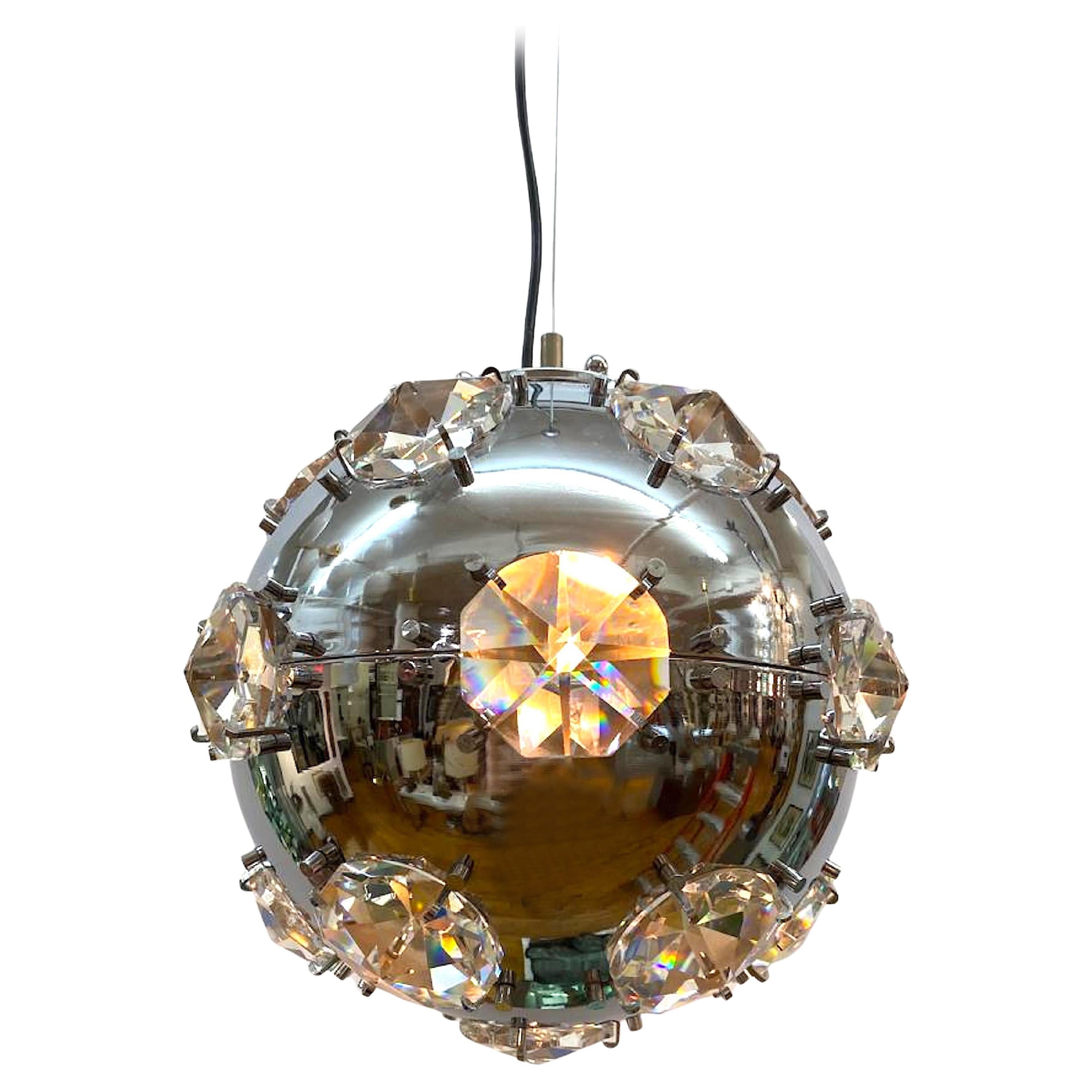 Italian 1970s Chrome Globe & Crystal Pendant Light Manner of Oscar Torlasco
