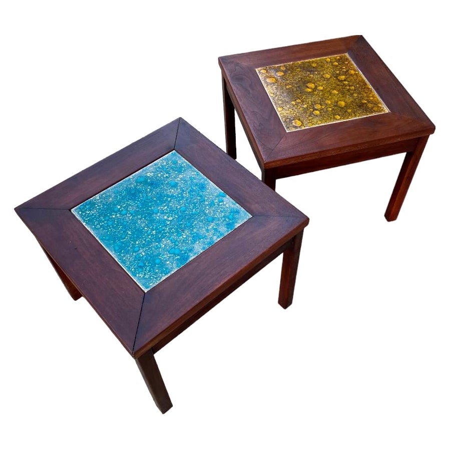 Walnut and Hand-painted Copper Side Tables by John Keal for Brown Saltman