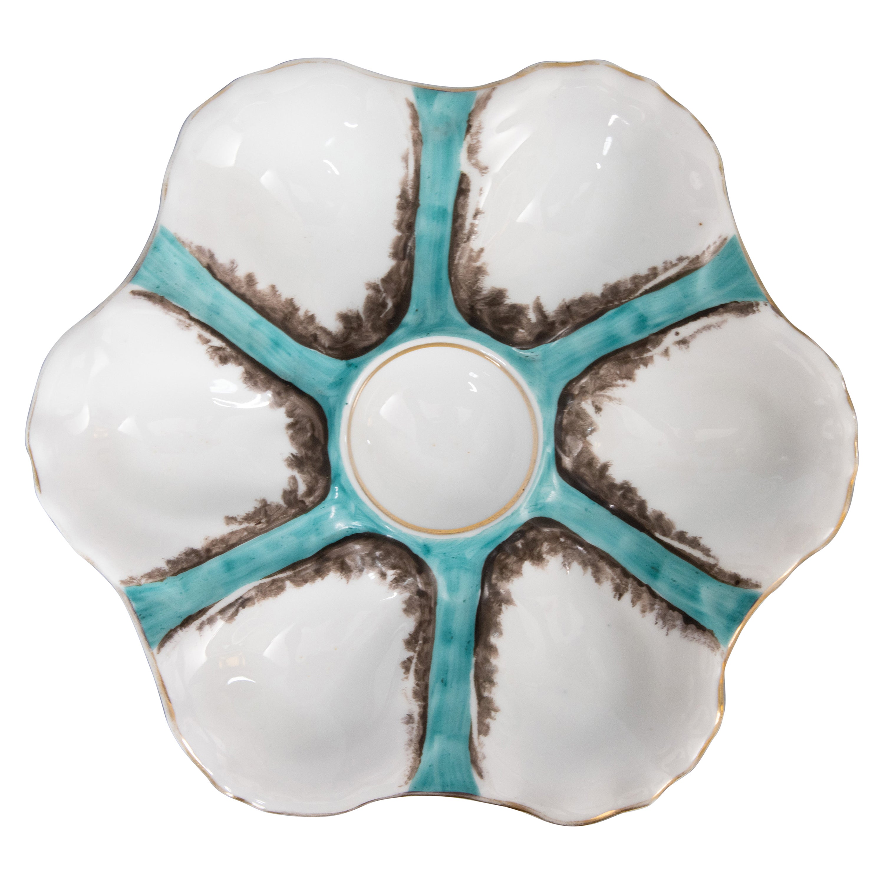 Assiette à huîtres ancienne en porcelaine française turquoise