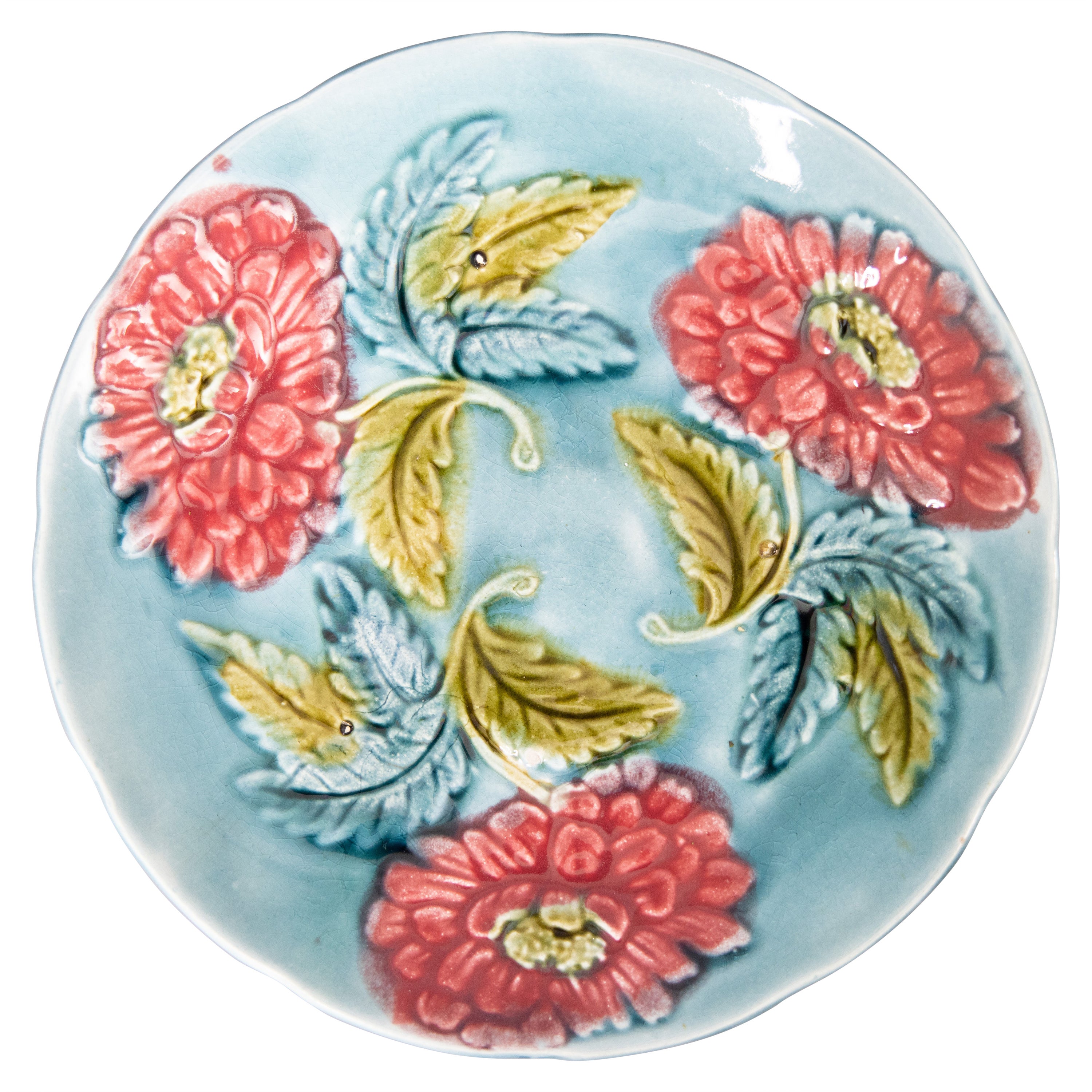 Antique French del XIX secolo, piatto floreale in maiolica