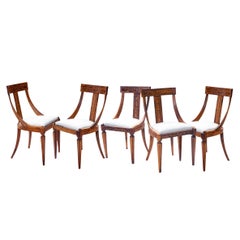 Antique 19th C European Biedermeier Inlaid Dining Chairs / Linen Seats Set of 5