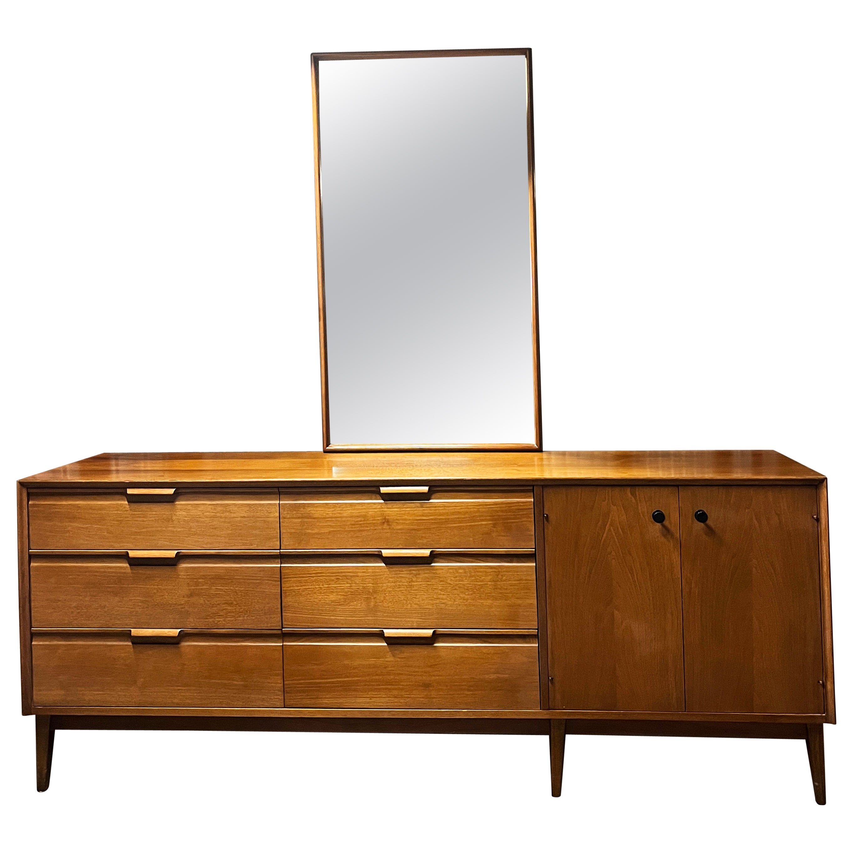 American of Martinsville Walnut Dresser with Mirror 1960s, 'Signed' For Sale