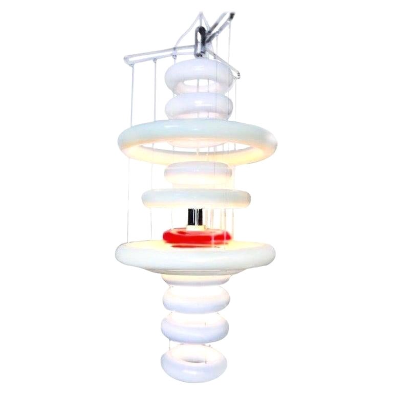 Verner Panton Verpan UFO Chandelier, White, Red, Chrome, Denmark, 1975, 2015 For Sale