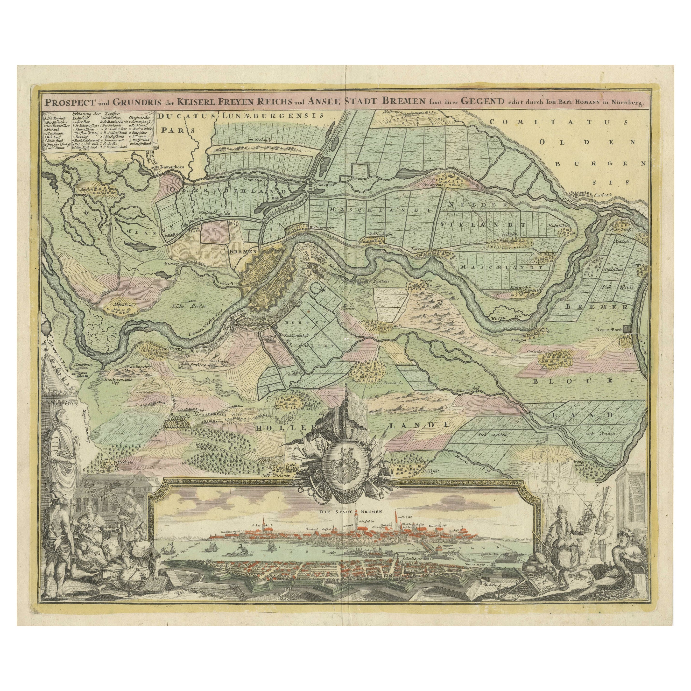 Große antike Karte der Stadt Bremen und ihrer Umgebung, Deutschland