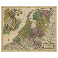 Large Antique Map of the Netherlands with Original Hand Coloring