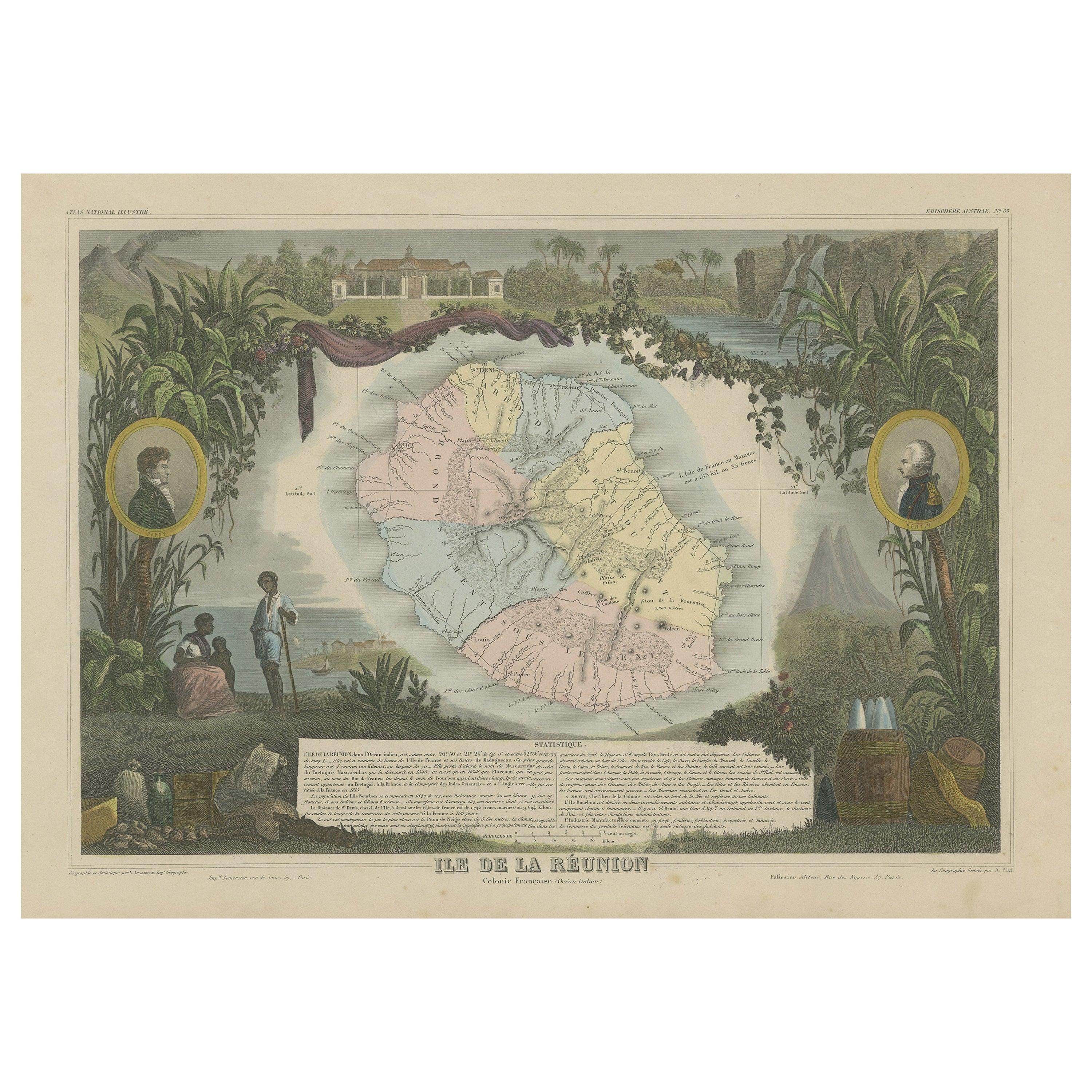 Antique Map of Bourbon, or Reunion, Colony of France