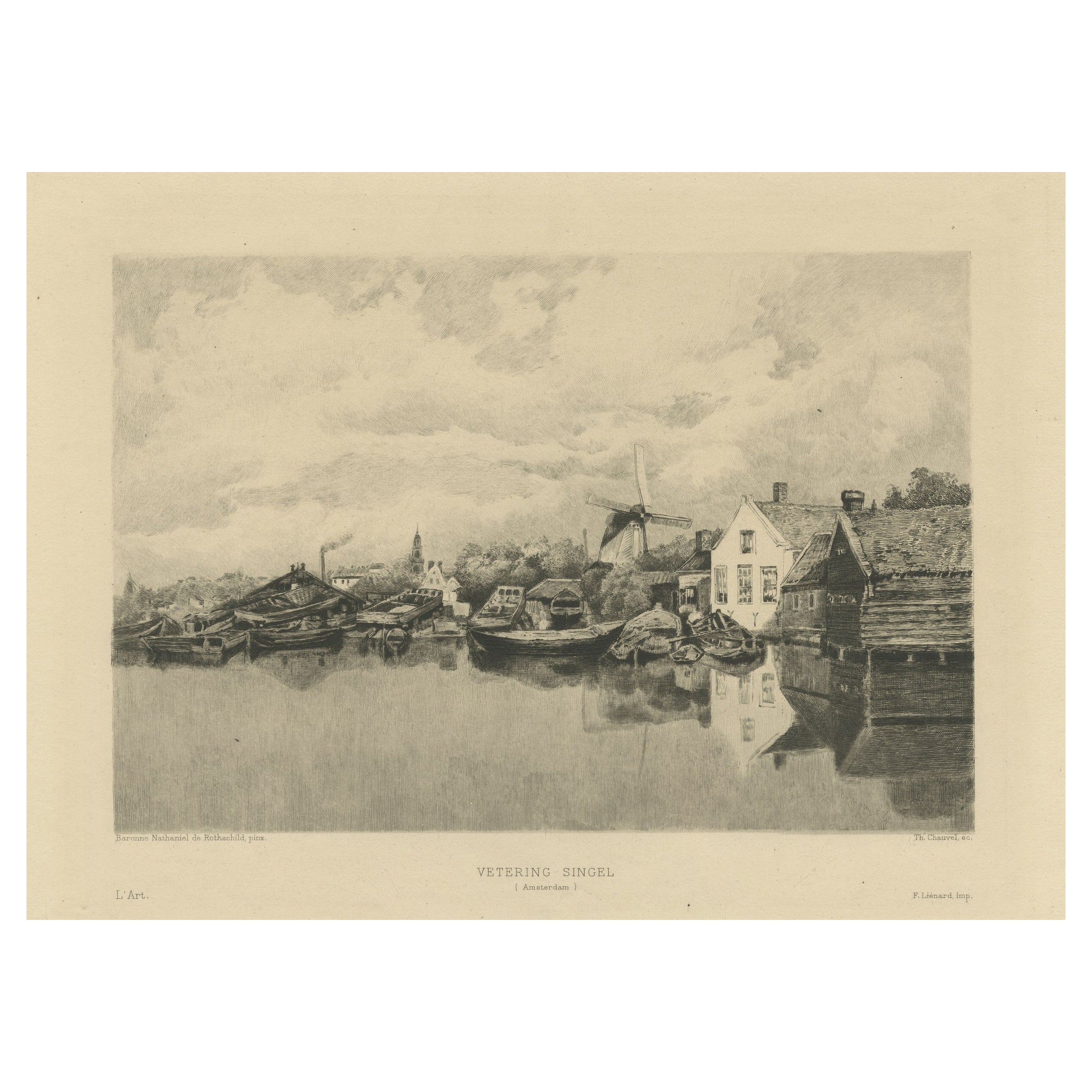 Antique Print of a Canal in Amsterdam with Houses, Boats and a Windmill For Sale