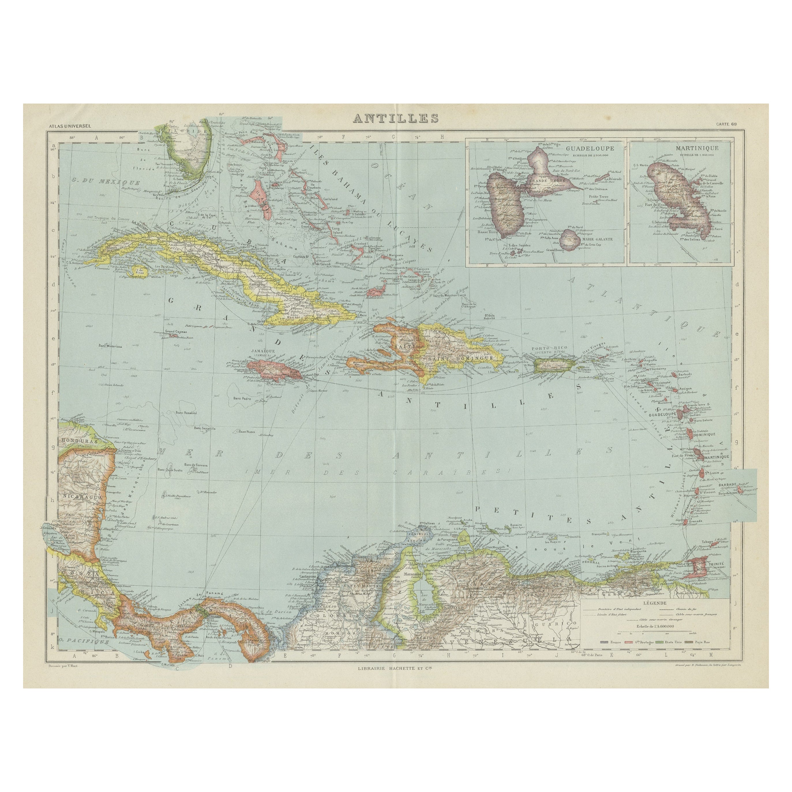 Vintage Map of the Greater Antilles and Lesser Antilles For Sale