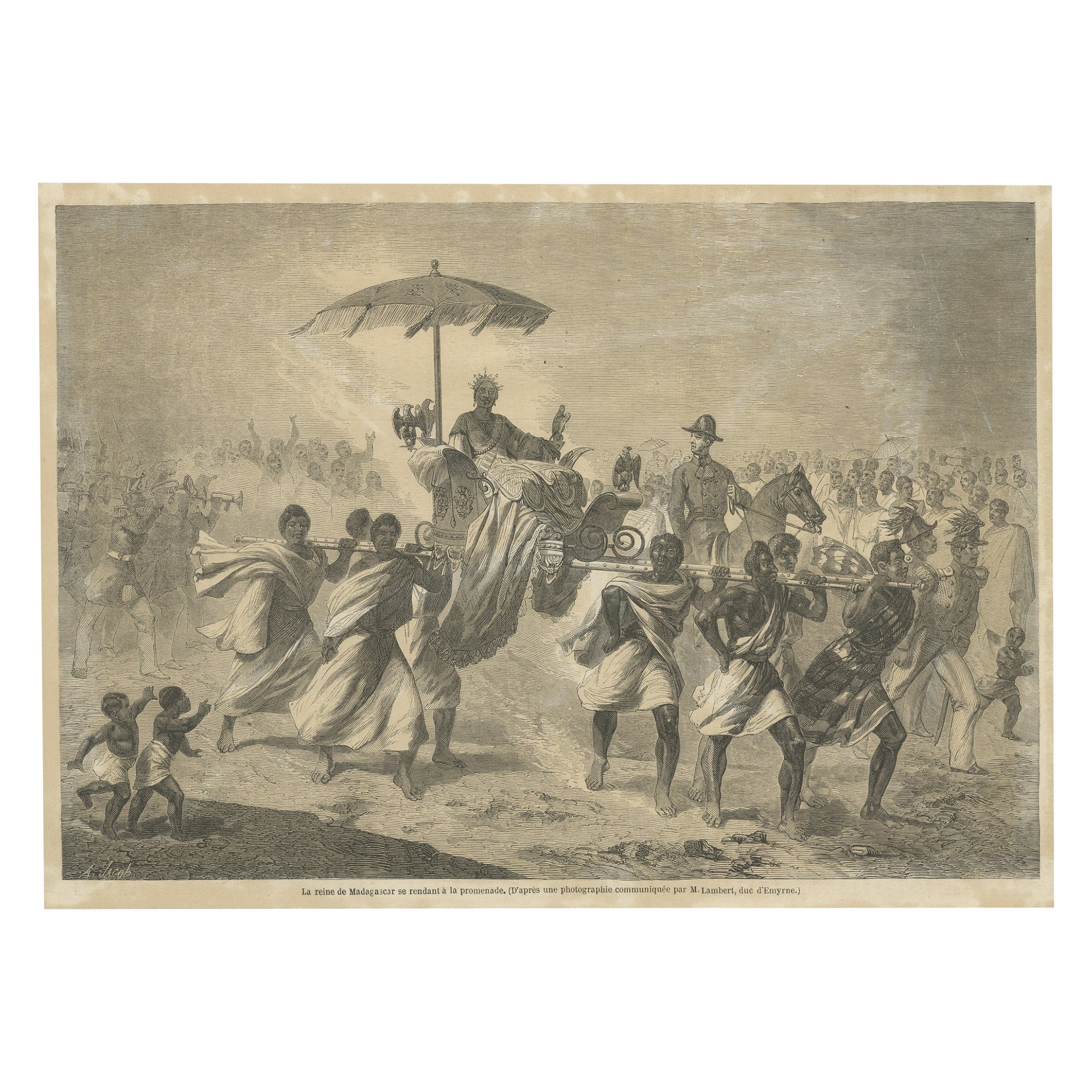 Antique Print of the Queen of Madagascar in a Sedan Chair For Sale