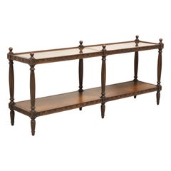THOMASVILLE 1960's Walnut Neoclassical Caned Glass Top Two Tier Console Table
