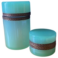 Set of 2 Antique Jade Green Opaline Glass Boxes
