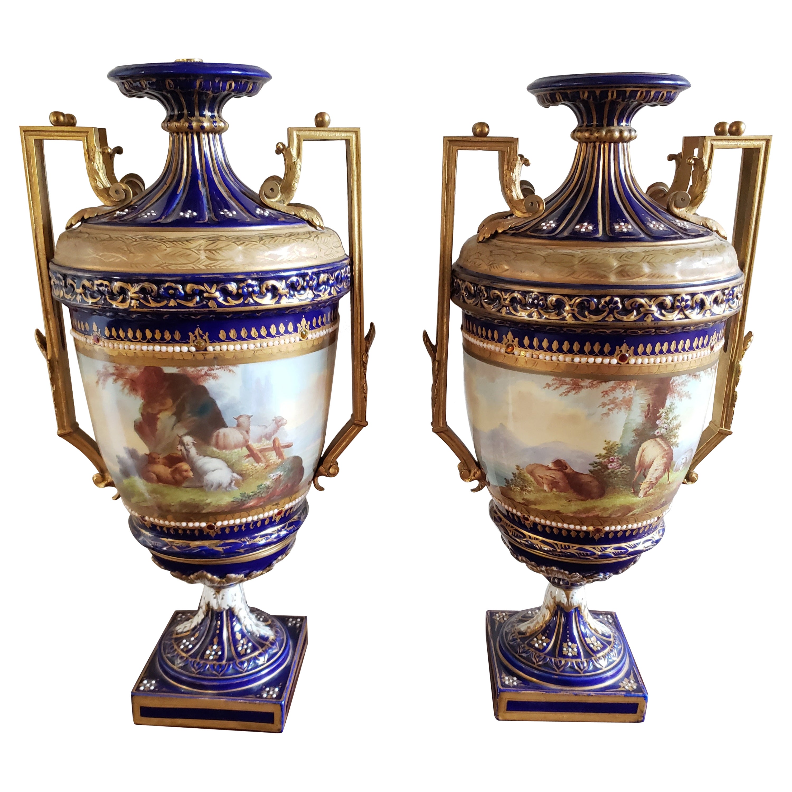 Pair of 19th Century Sevres Porcelain Hand Painted Cobalt & Gilt Decorated Urns For Sale