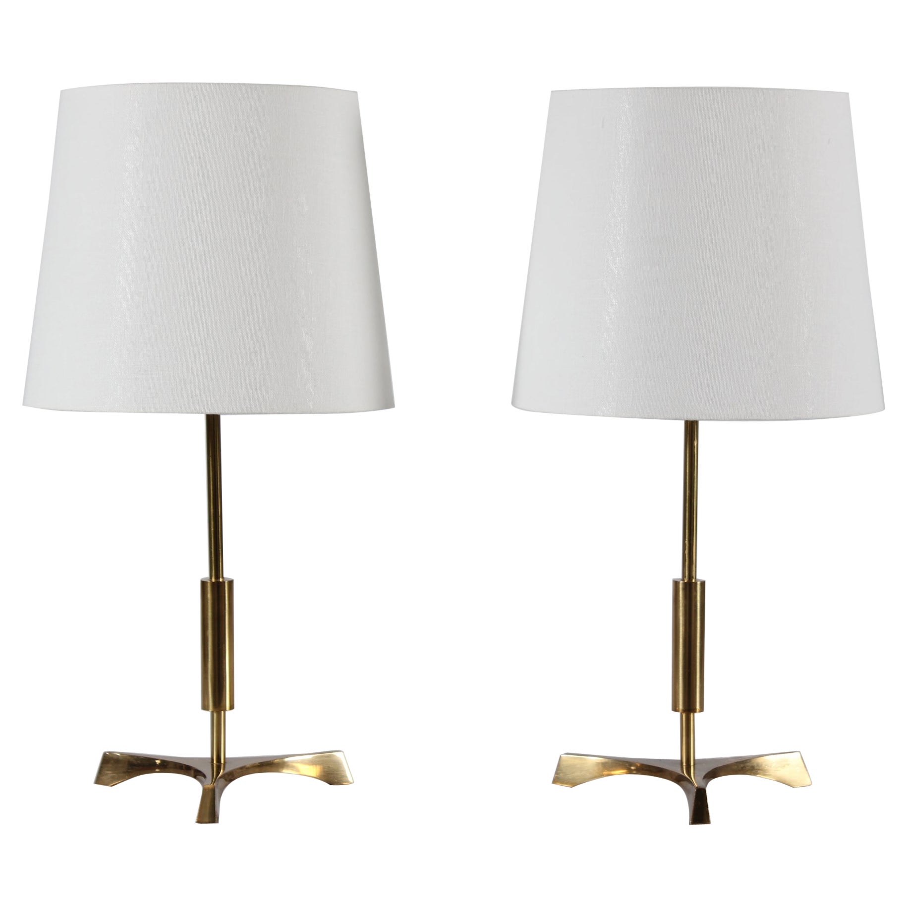 Jo Hammerborg Style Pair Danish Tripod Table Lamps, Brass with New Shades 60s For Sale