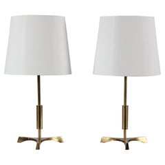 Vintage Jo Hammerborg Style Pair Danish Tripod Table Lamps, Brass with New Shades 60s