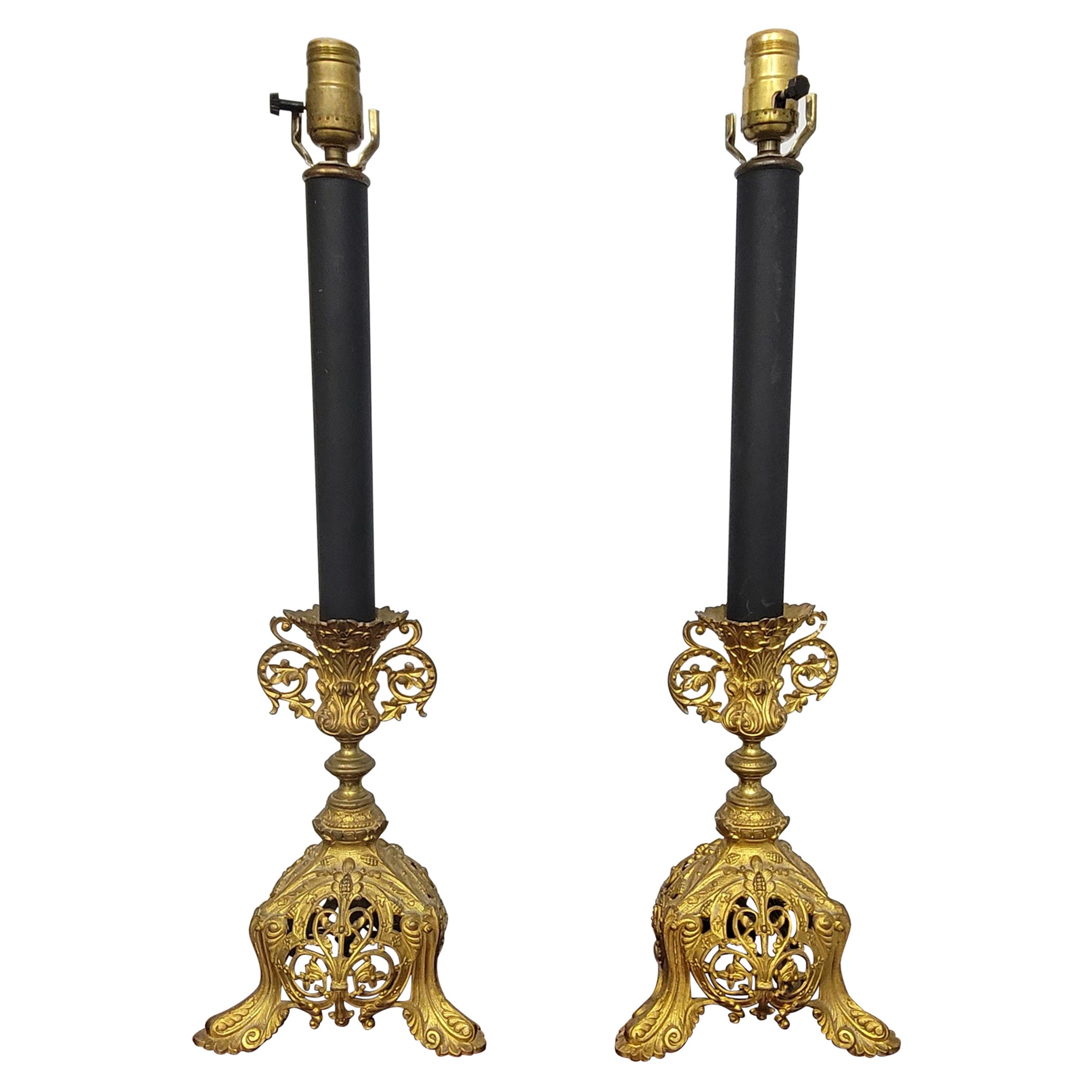 Pair of Renaissance Style Ebonized Metal and Cast Ormolu Table Lamps For Sale