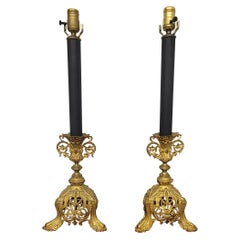 Pair of Renaissance Style Ebonized Metal and Cast Ormolu Table Lamps