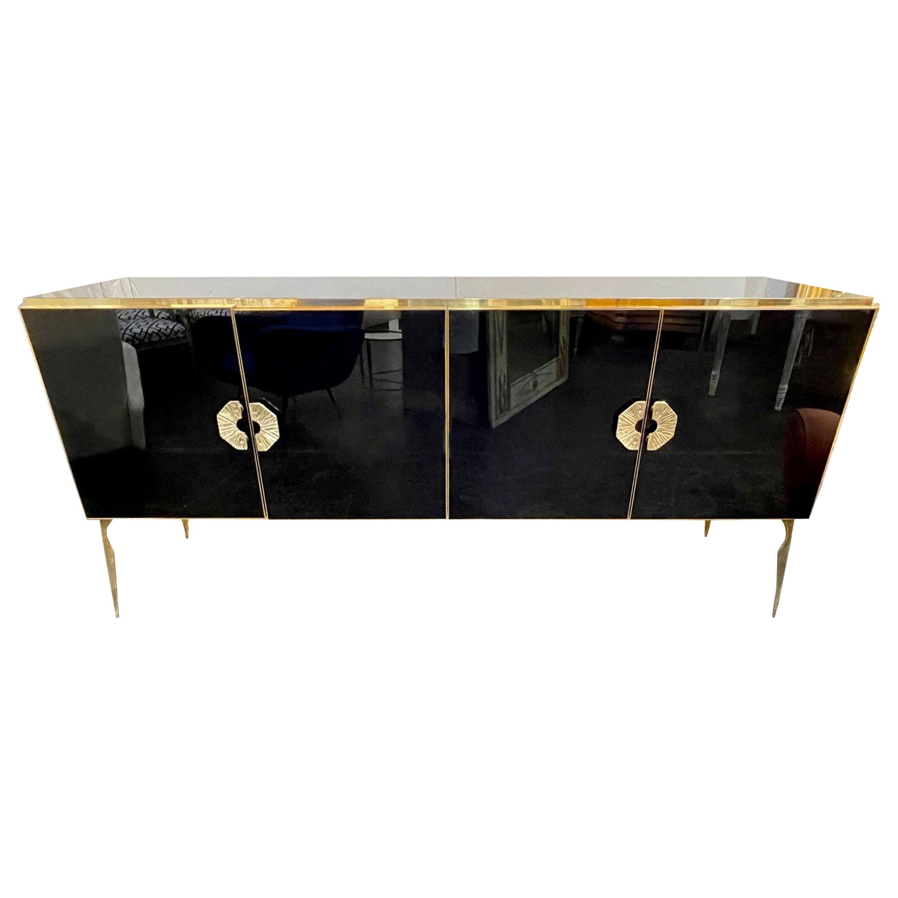 Modern Black Murano Glass and Polished Brass Sideboard For Sale