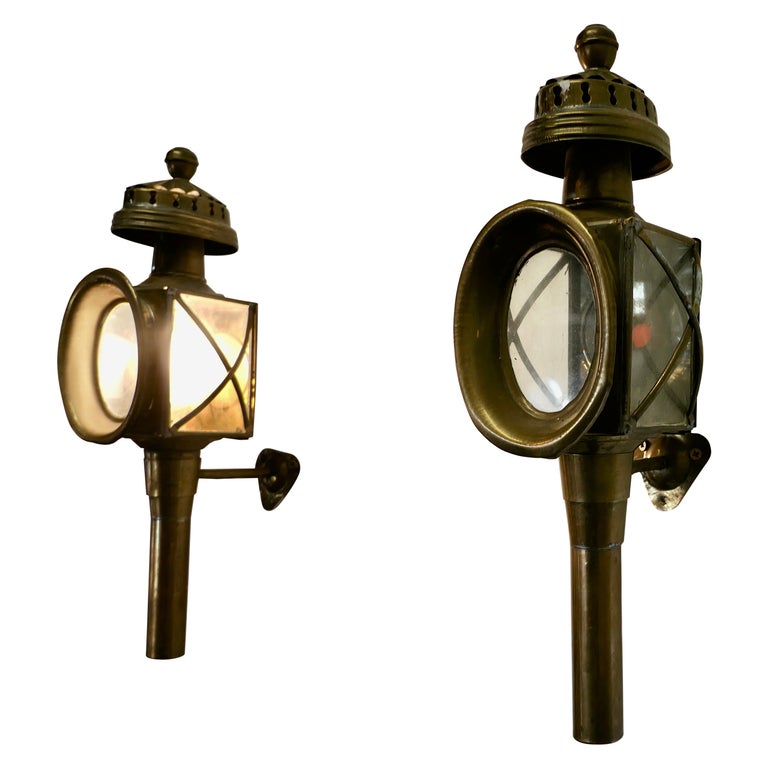 2 French Electrified Brass Carriage Lights, Wall Lanterns For Sale at