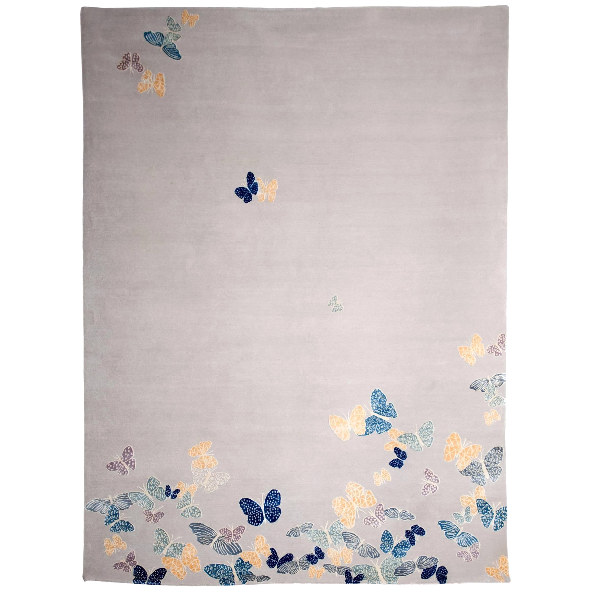 Contemporary Hand Knotted Beige, Blue, Wool & Silk Rug with Butterfly Pattern For Sale
