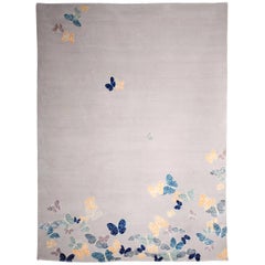Contemporary Hand Knotted Beige, Blue, Wool & Silk Rug with Butterfly Pattern