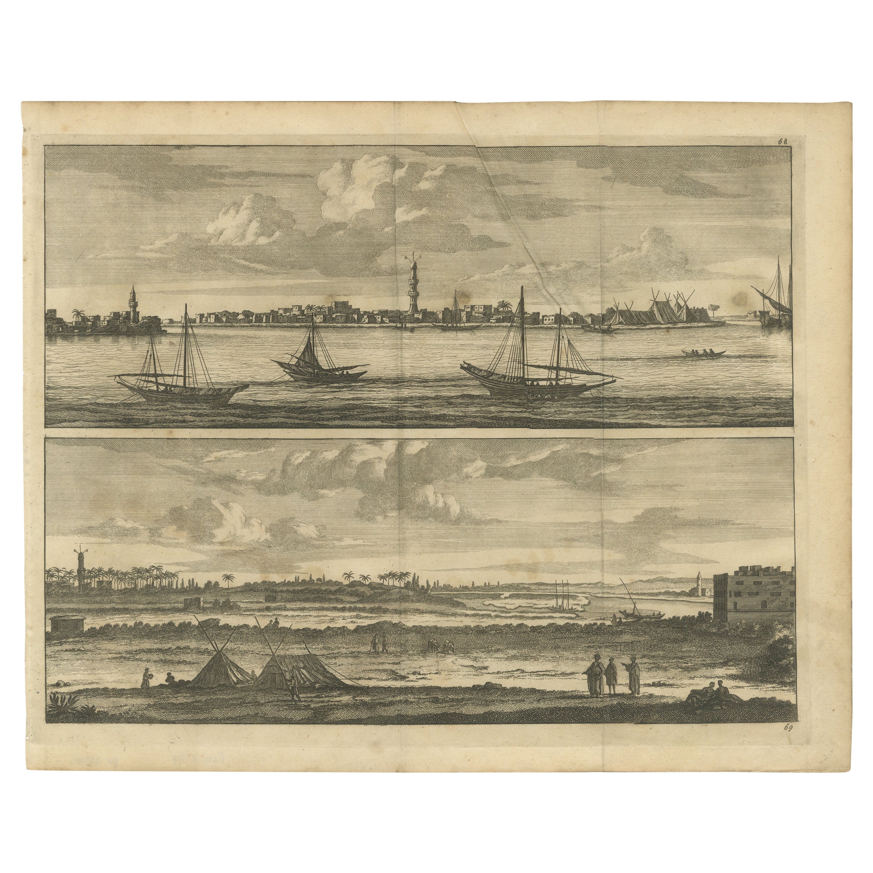 Original Antique Print with Views of the Nile, Egypt For Sale