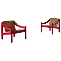 Retro Vico Magistretti for Cassina Pair of Rush & Beech Carimate Armchairs Italy, 1963