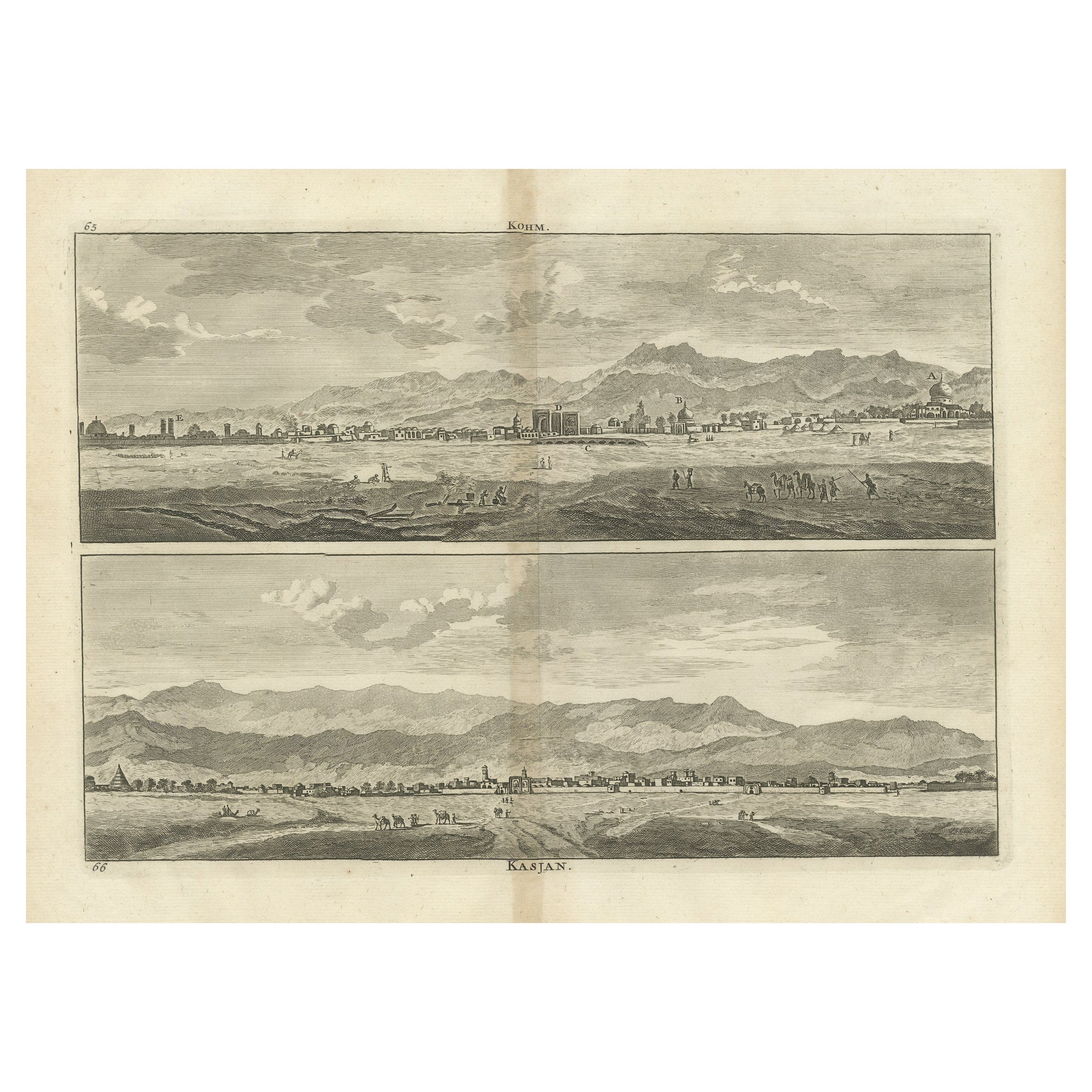 Antique Print with Views of Qom and Kashan, Persia, Iran