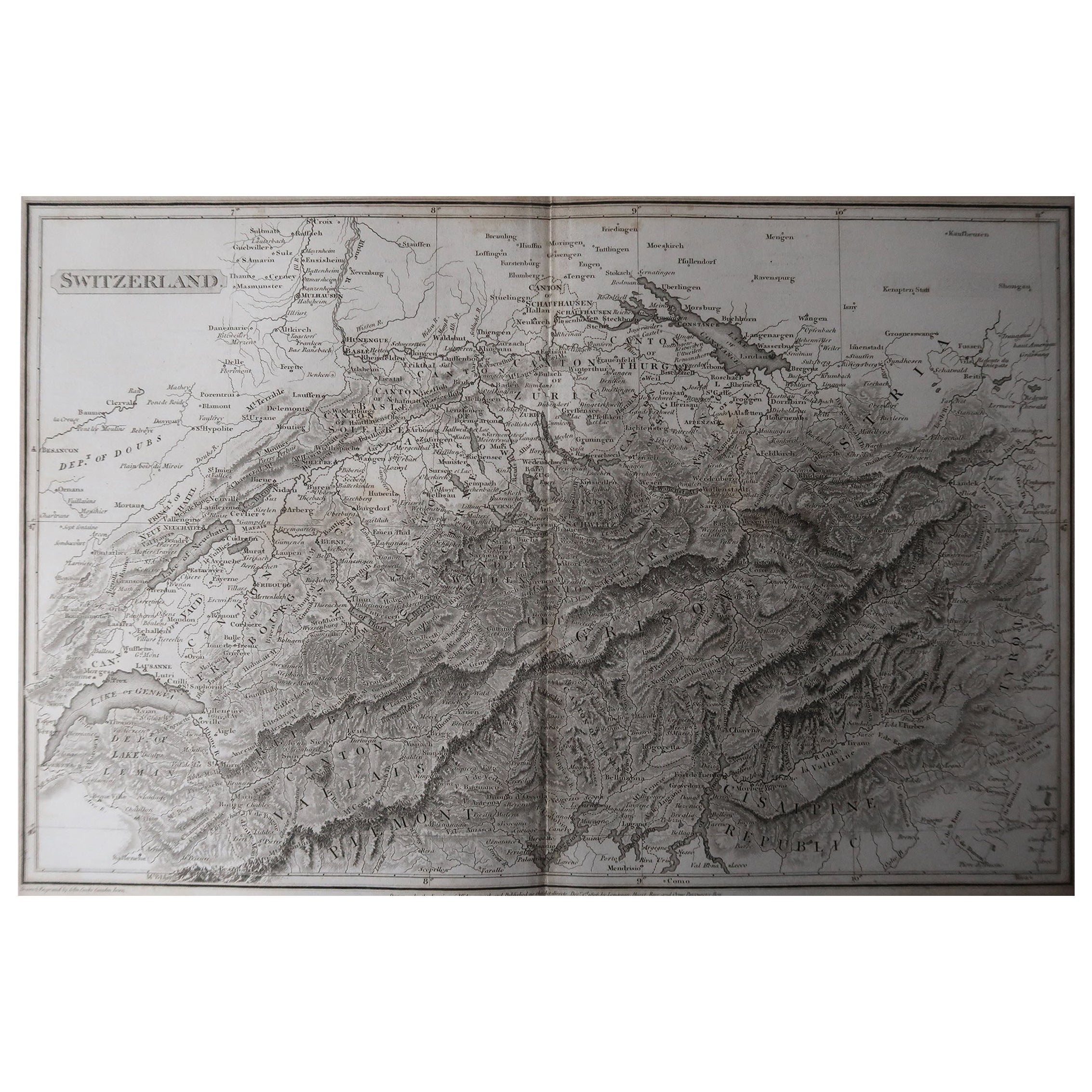 Great map of Switzerland

Drawn under the direction of Arrowsmith

Copper-plate engraving

Published by Longman, Hurst, Rees, Orme and Brown, 1820

Unframed.