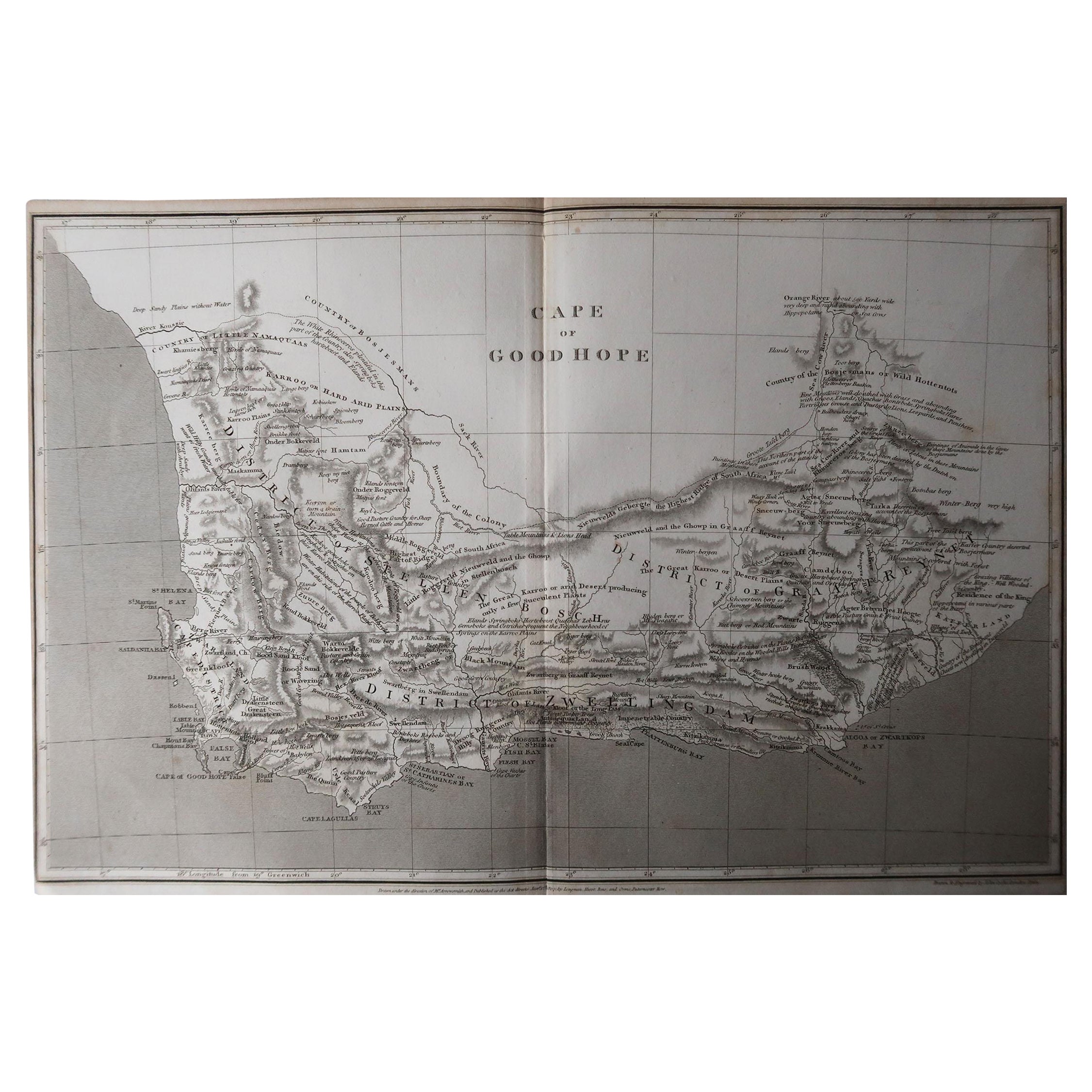 Great map of South Africa.

Drawn under the direction of Arrowsmith.

Copper-plate engraving.

Published by Longman, Hurst, Rees, Orme and Brown, 1820

Unframed.