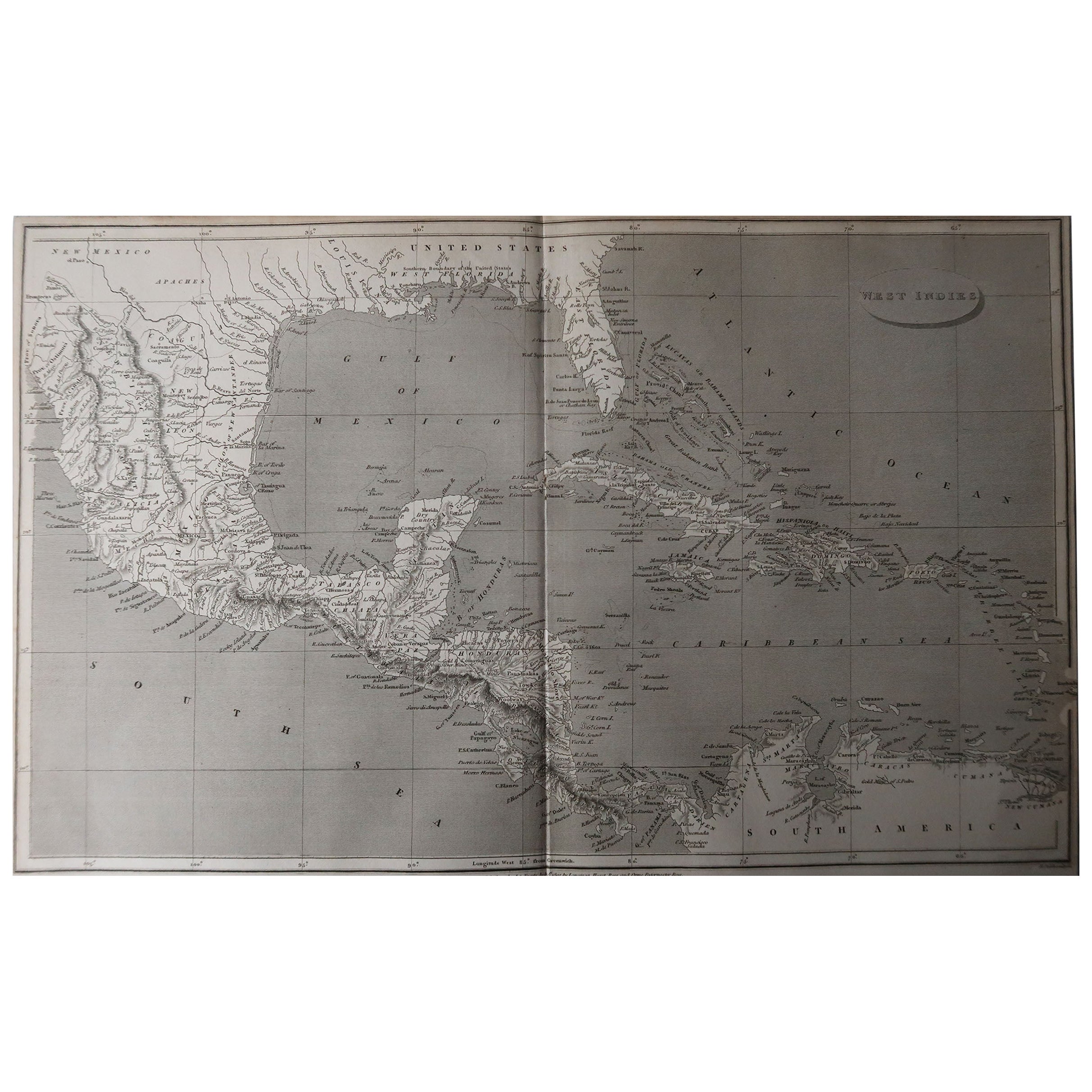 Grande carte de l'Amérique centrale.

Dessiné sous la direction d'Arrowsmith.

Gravure sur cuivre.

Publié par Longman, Hurst, Rees, Orme et Brown, 1820

Non encadré.