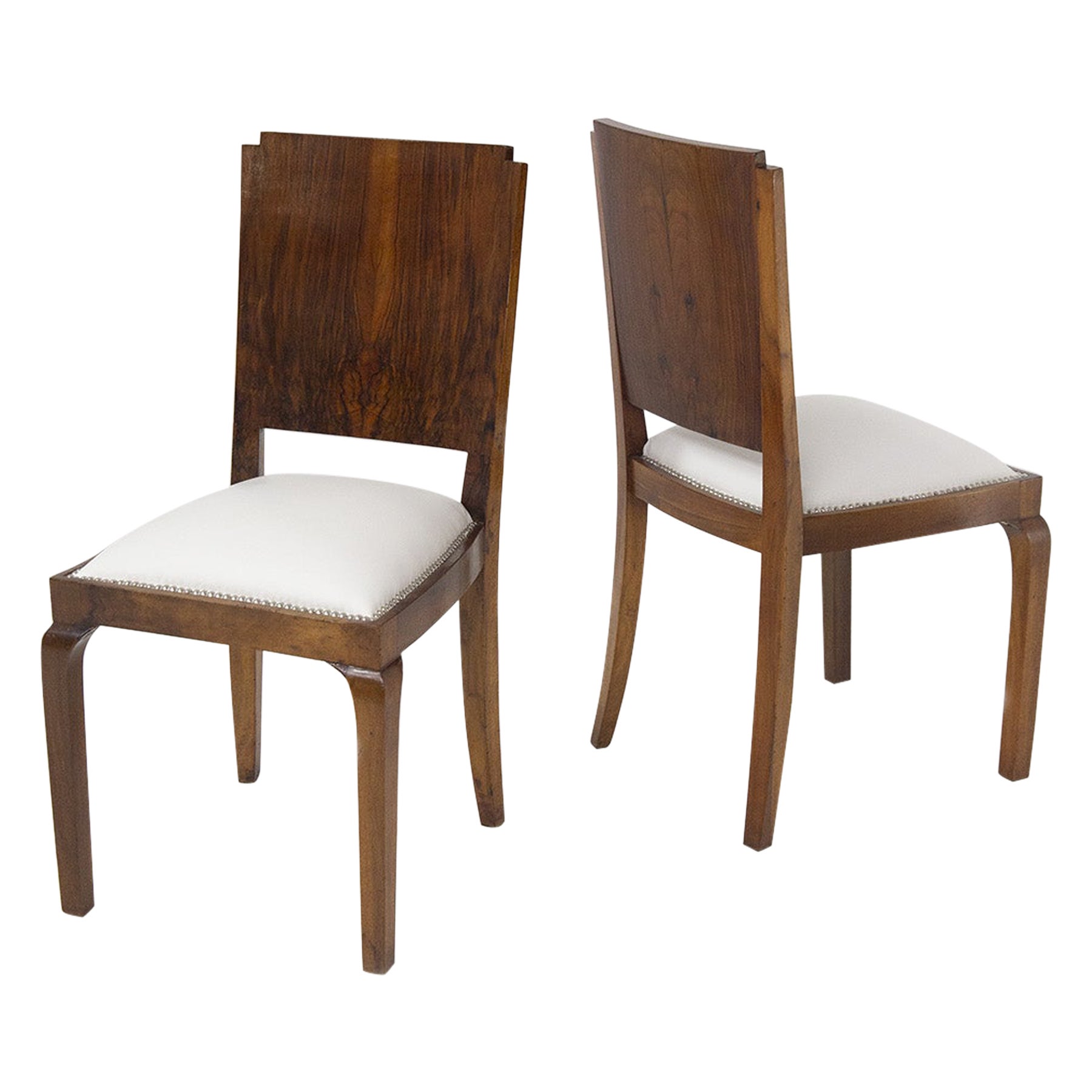 Art Deco Walnut and Cotton Chairs, Restored For Sale