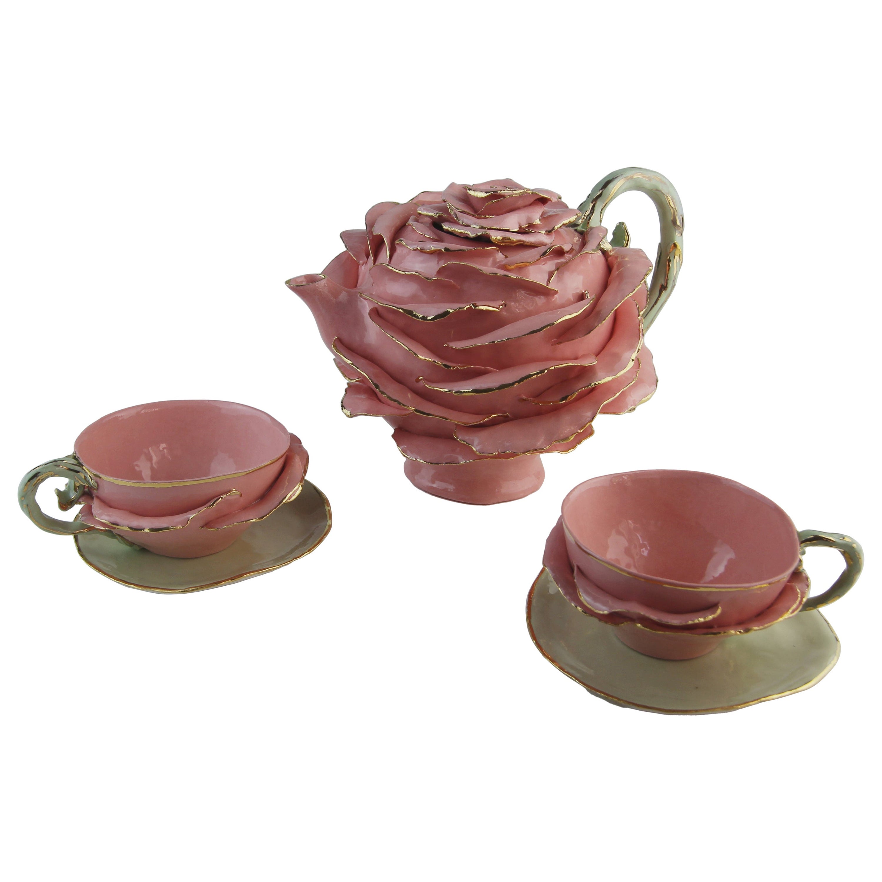 Cinderella-Teekanne und sechs Tassen, Rosa und Gold, handgefertigt in Italien, 2021 im Angebot