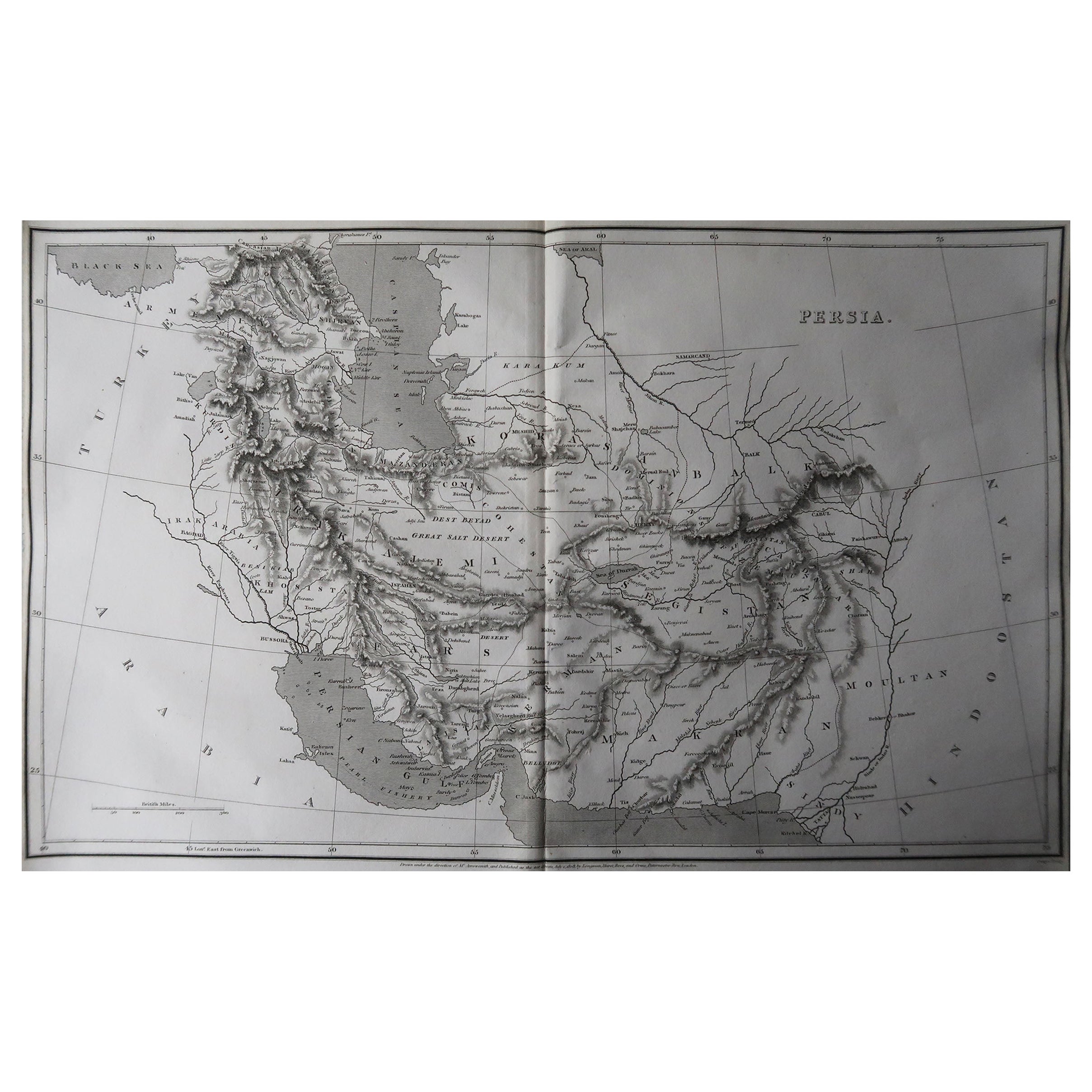 Great map of Iran

Drawn under the direction of Arrowsmith

Copper-plate engraving

Published by Longman, Hurst, Rees, Orme and Brown, 1820

Unframed.