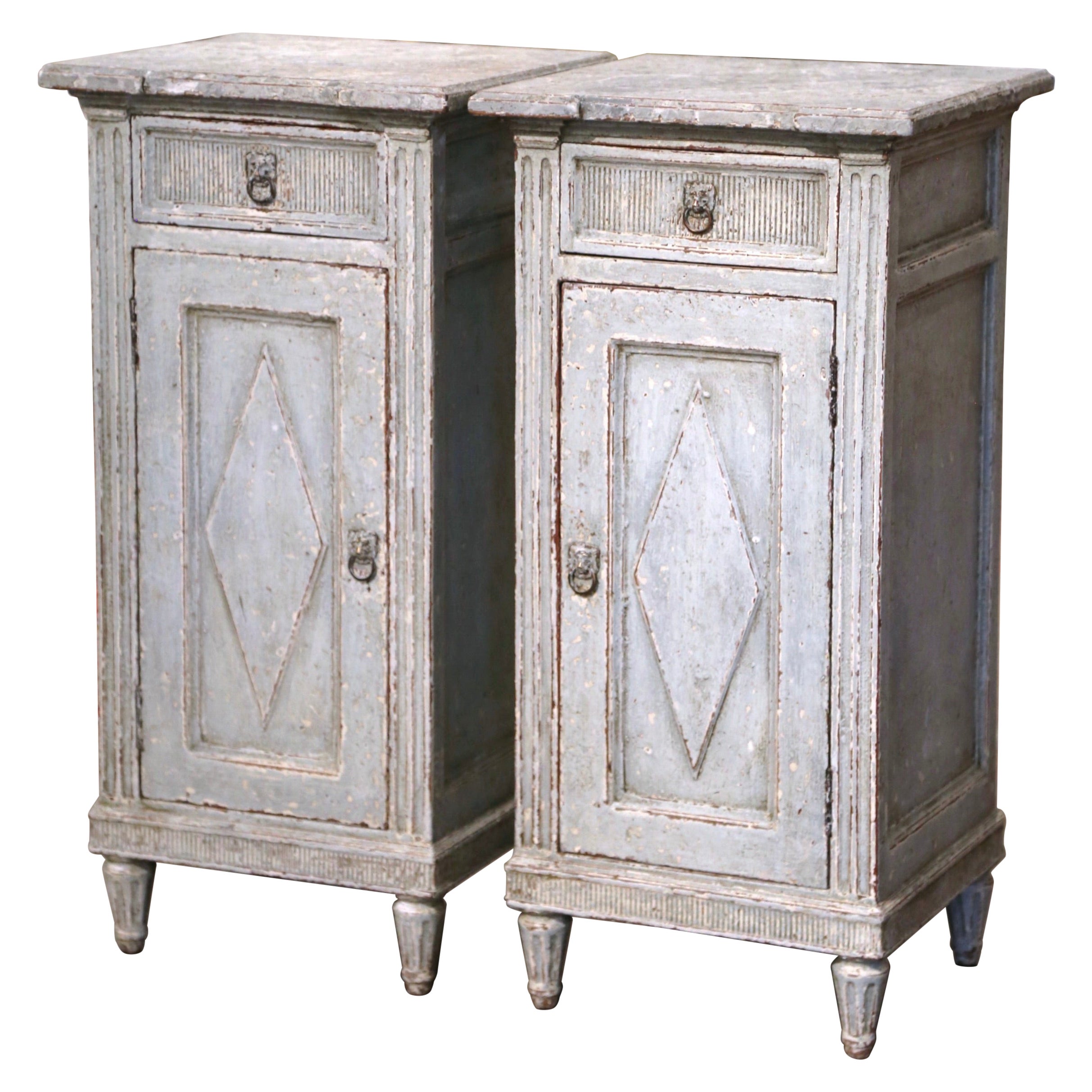 Pair of 19th Century French Louis XVI Carved Painted Nightstands Bedside Tables