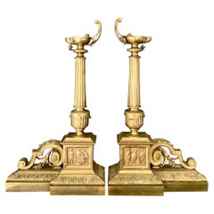 Antique Pair French Brass Chenets Andirons Neoclassical Empire Style