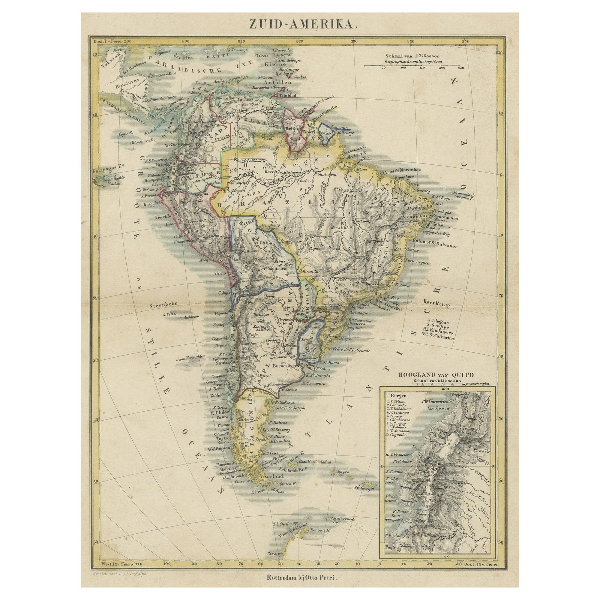 Antike Karte Südamerikas mit Intarsien aus den Quito-Hochlanden, handkoloriert