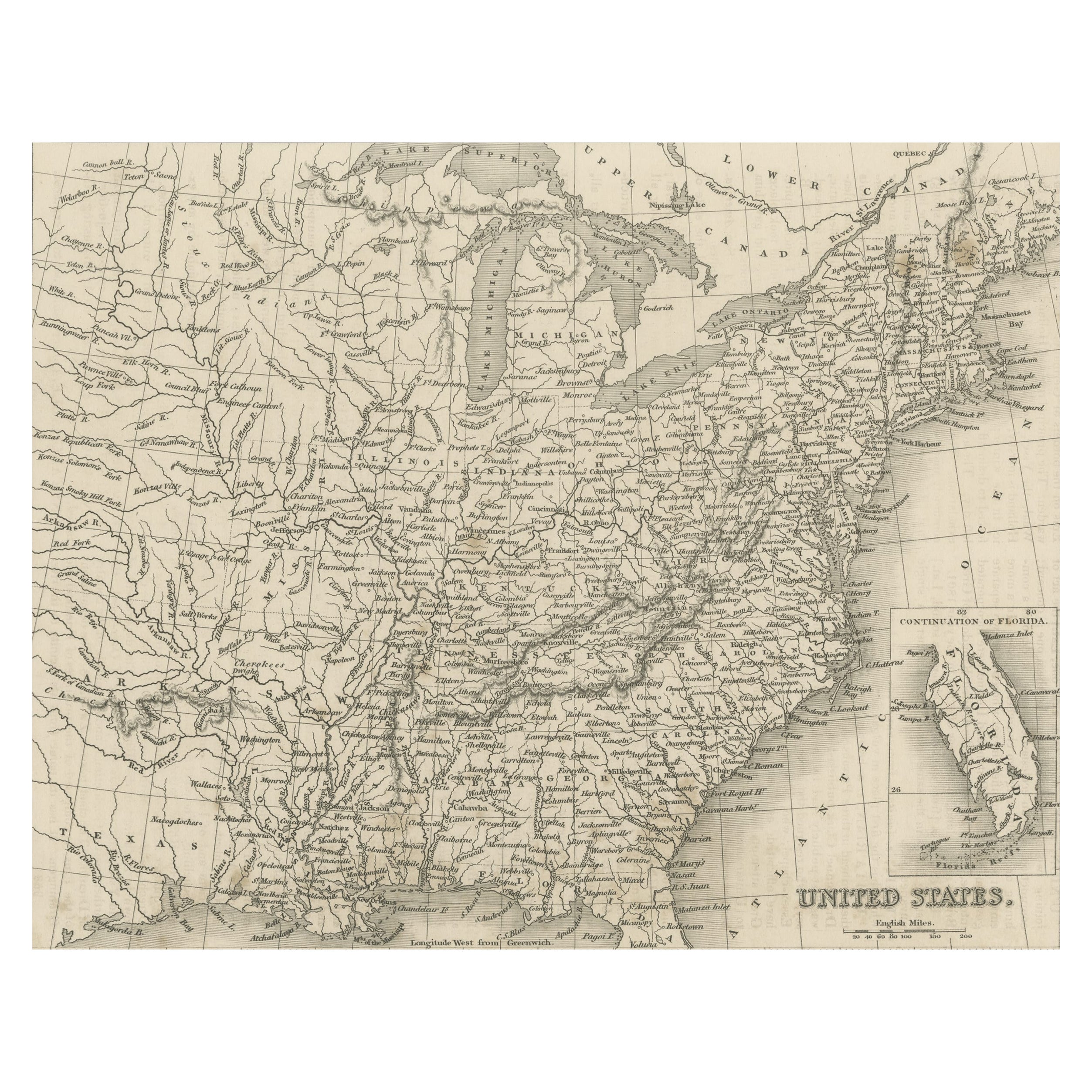 Carte gravée en acier des États-Unis avec carte encastrée de la Floride
