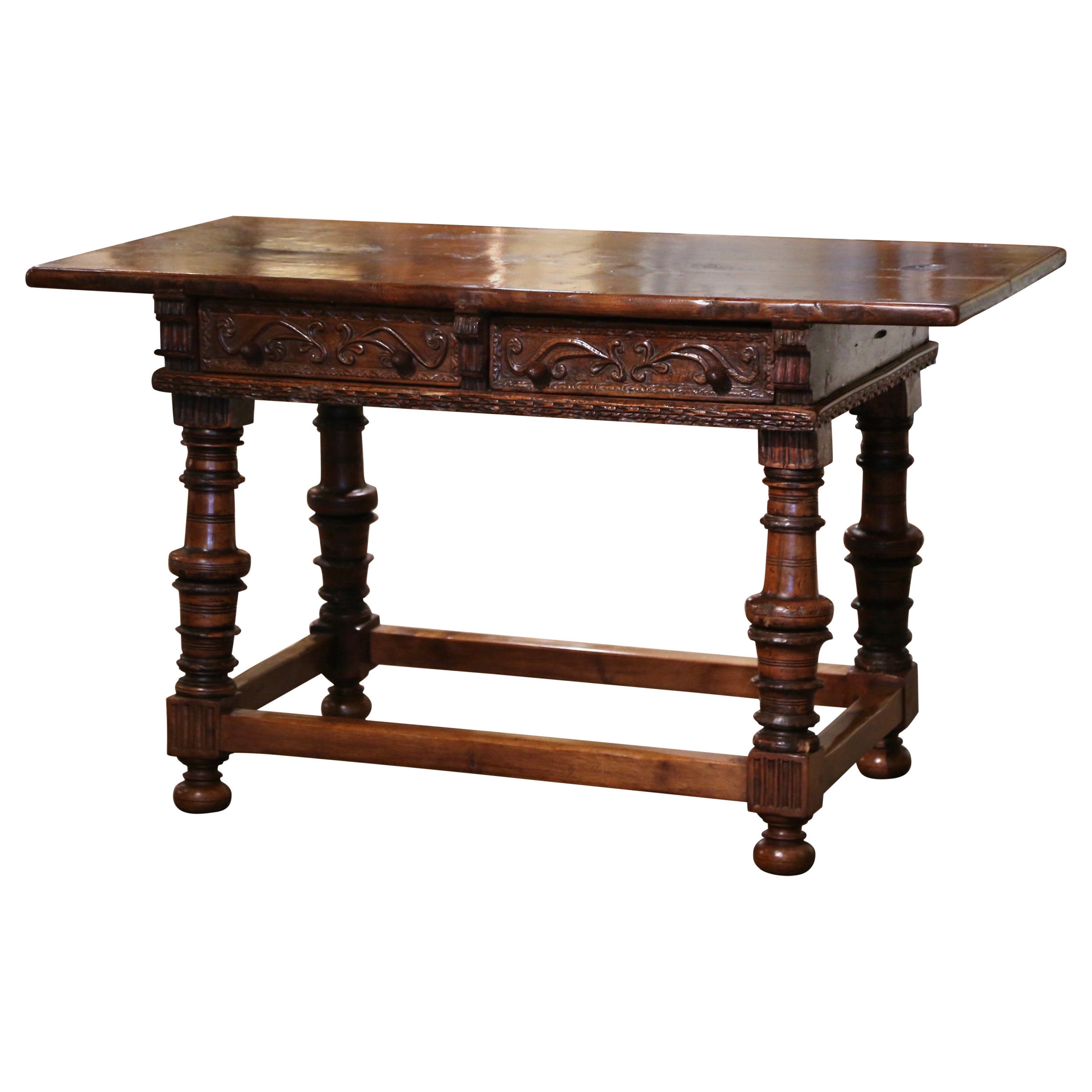 Mid-18th Century Spanish Louis XIII Carved Walnut Library Console Table Desk For Sale