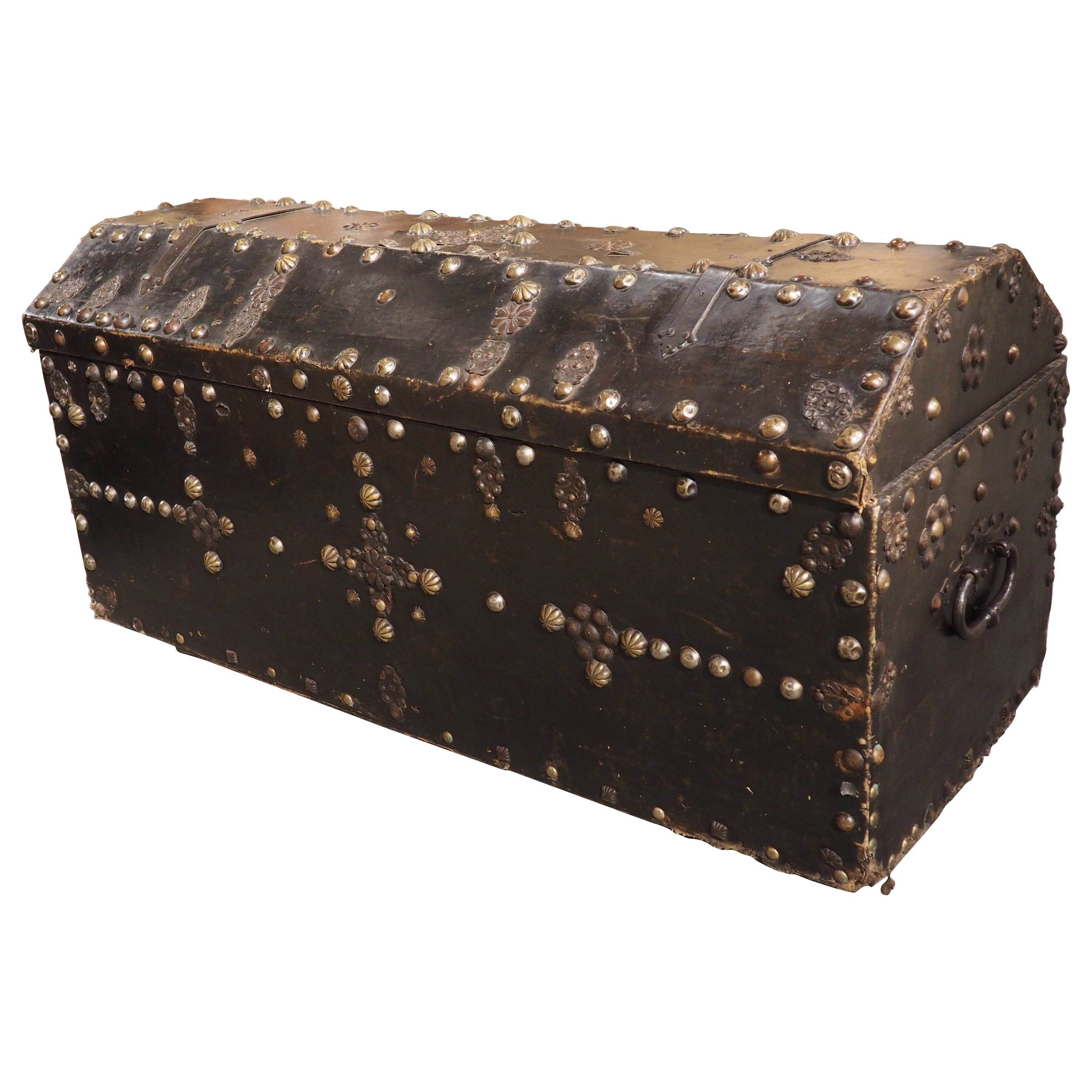 18th Century Spanish Leather Trunk with Large Studded Nailhead Decoration For Sale