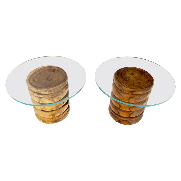 Pair Solid Carved Wood Cylinder Shape Bases Glass Top End Side Tables
