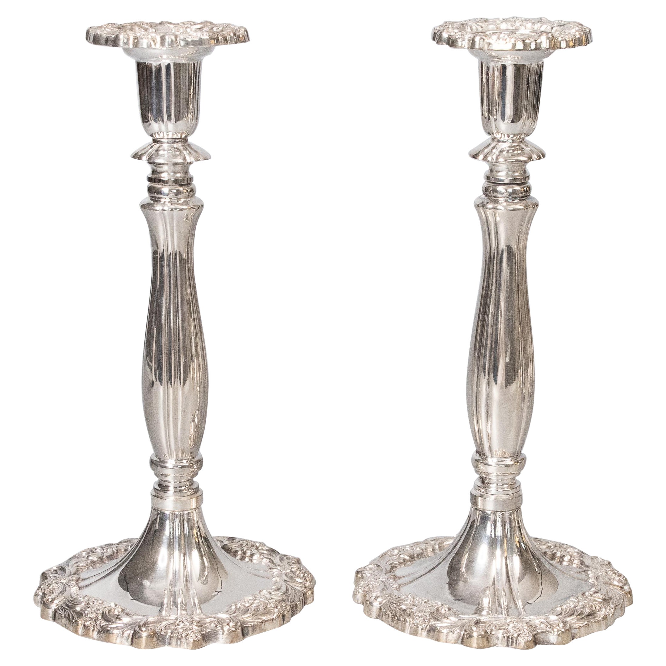Pair of Mid-20th Century Italian Rococo Style Silver Plate Candlesticks